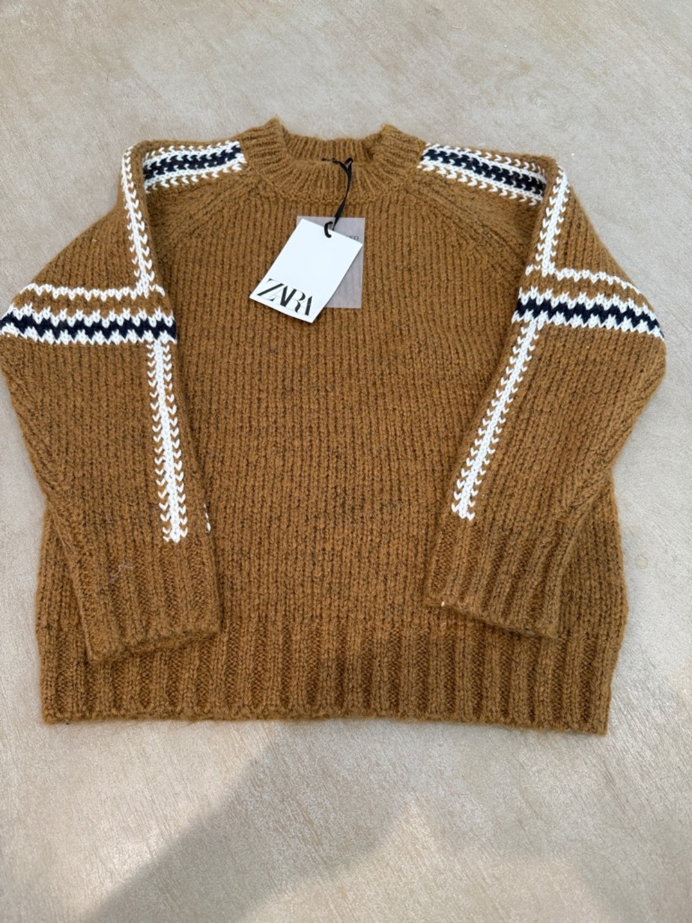 Zara Camel Crewneck Sweater with White and Black Sleeve Stripes